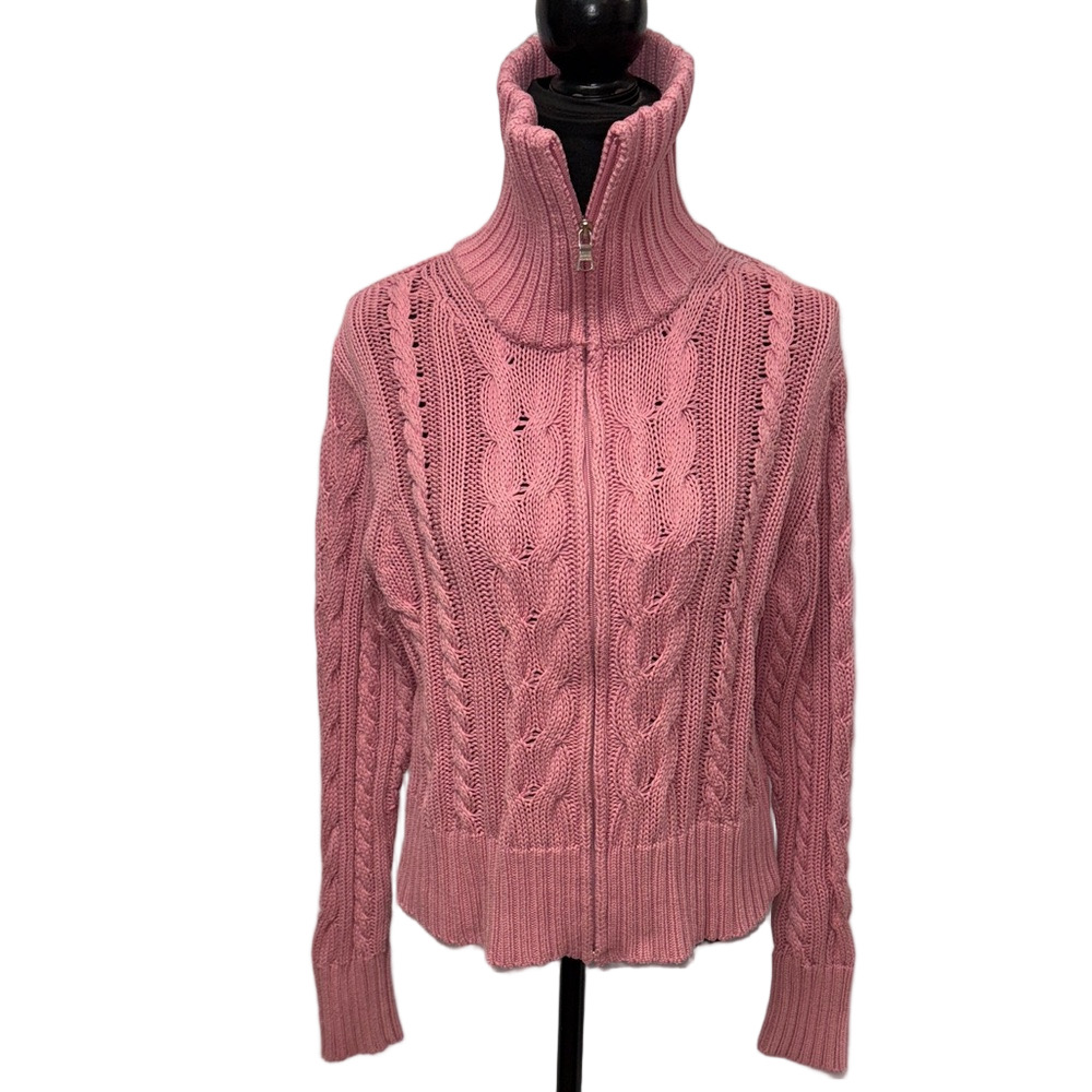 Banana Republic XL Pink Cable Knit Zip Turtleneck Sweater 100% Cotton
